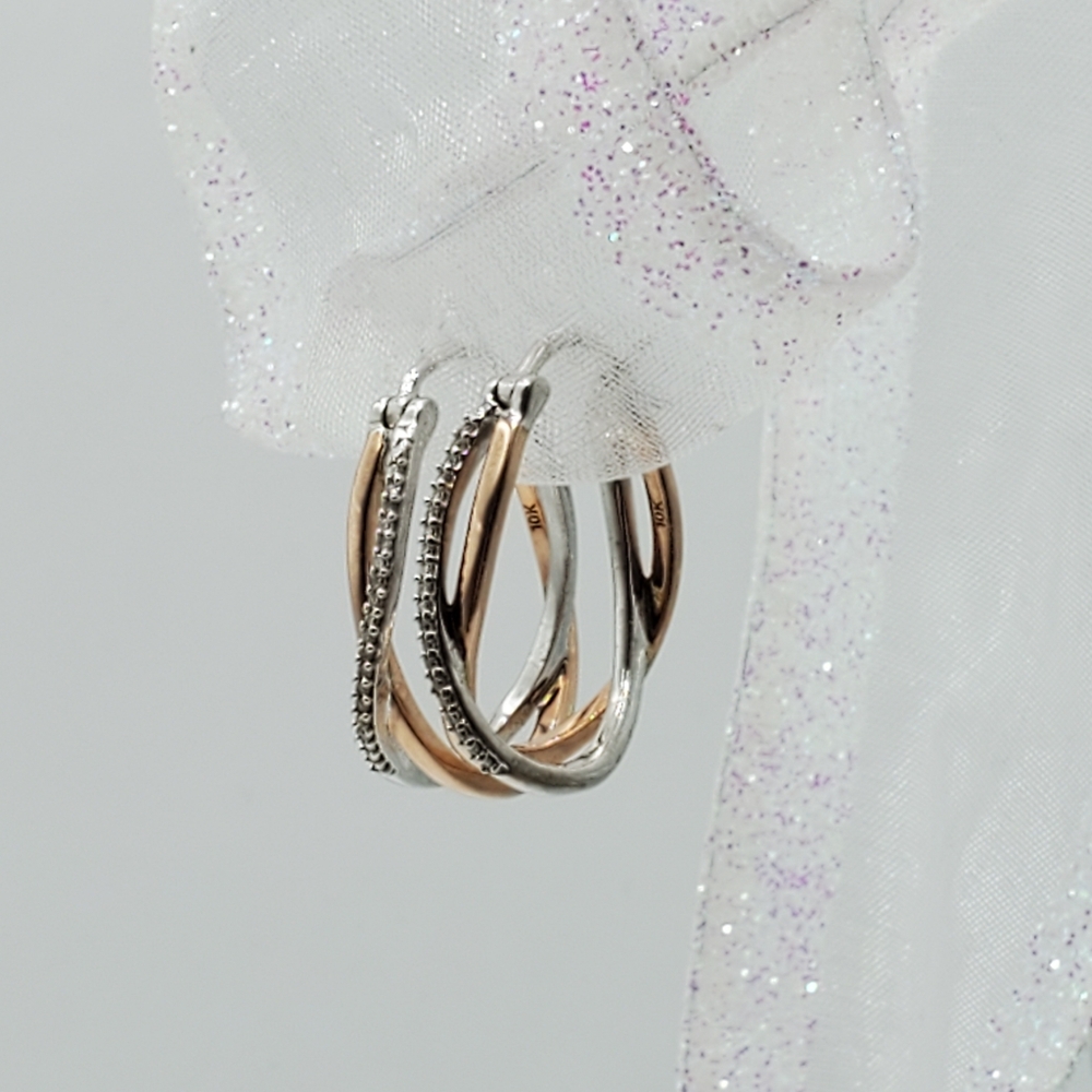 10K Rose Gold and Sterling Silver Pave Diamond Crossover Hoops